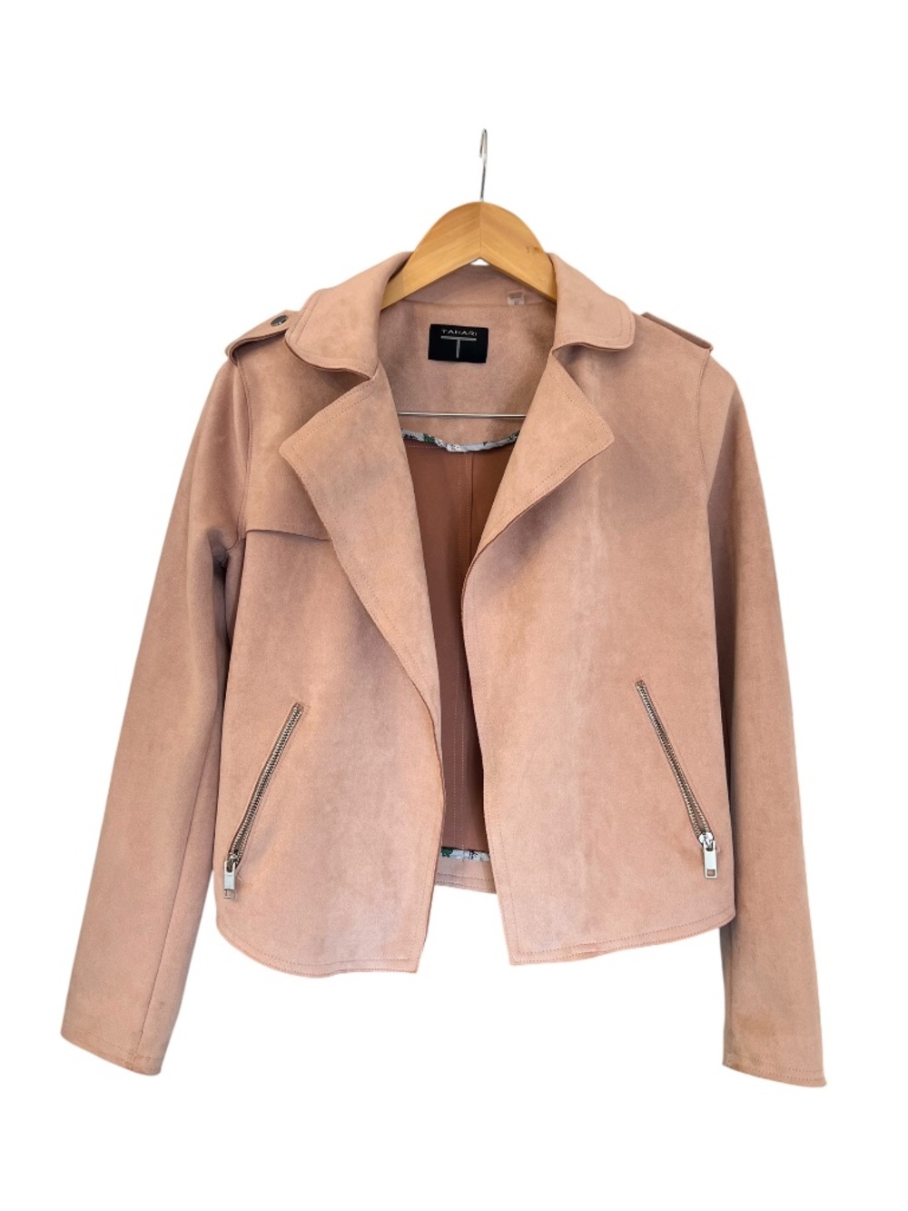 Tahari Quiet Luxury Moto Style Faux Suede Jacket Blush Pink (XS)